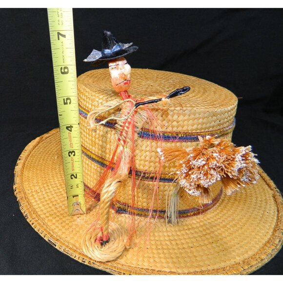 Vtg Italian Straw Hat With Figurine & Accents 1950s Boater Gatsby Autumn Fall - Picture 3 of 16